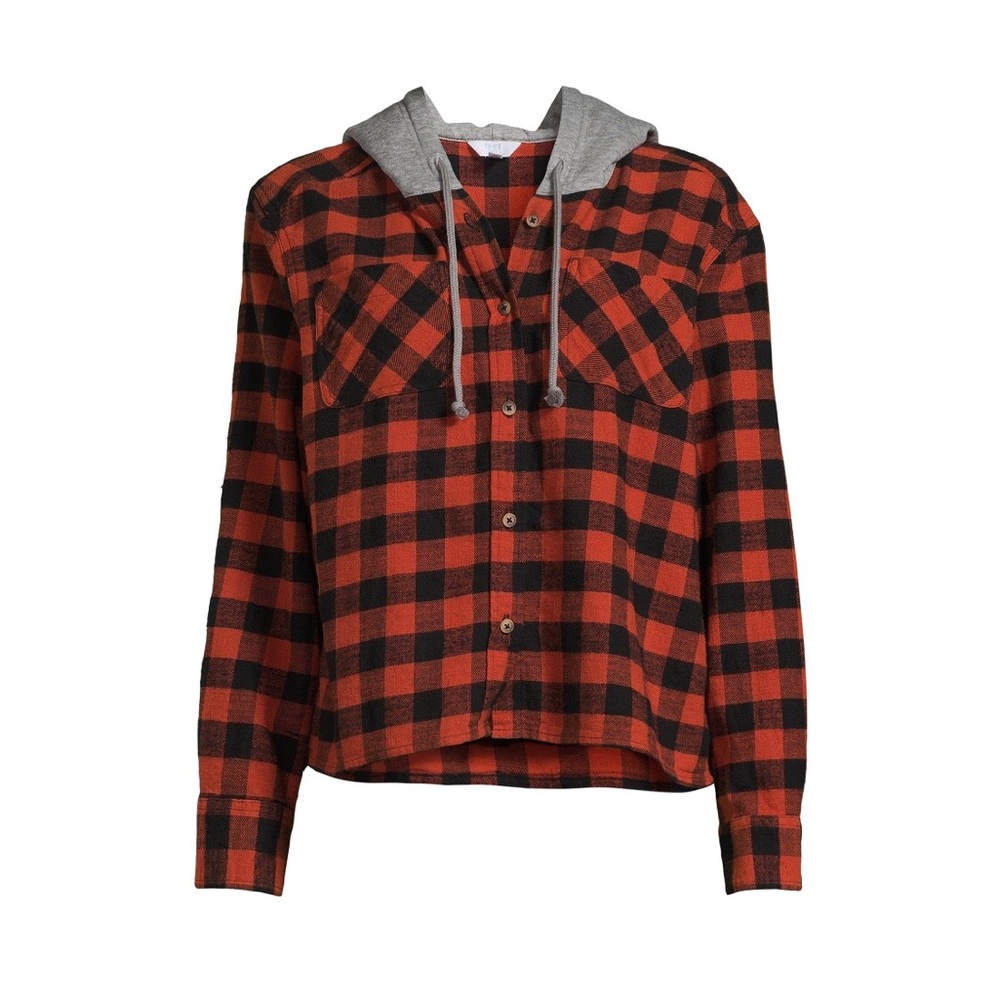 TIME and TRU Womens Flannel Hoodie Shirt Cropped Size Medium 8-10 Pockets New